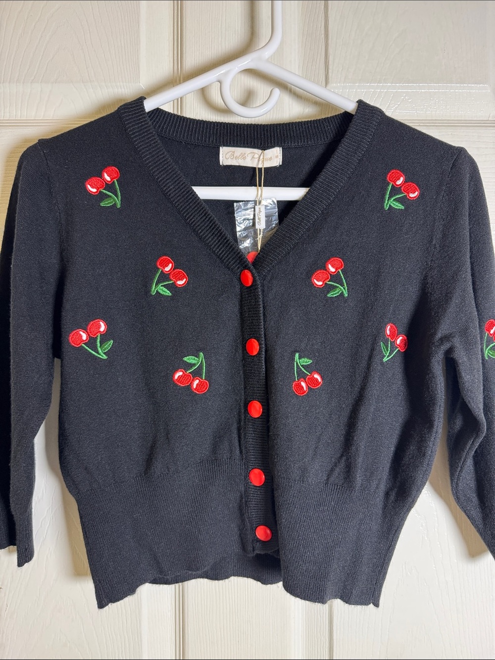 Belle Poque Black Cherry-Embroidered V-Neck Cardigan Sweater Sz Small NWT - Picture 1 of 7